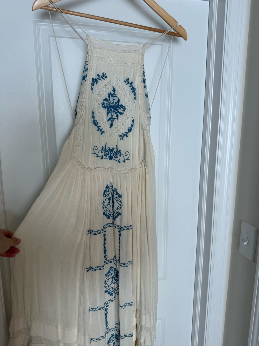 Free People Cream Maxi Dress with Blue Embroidery